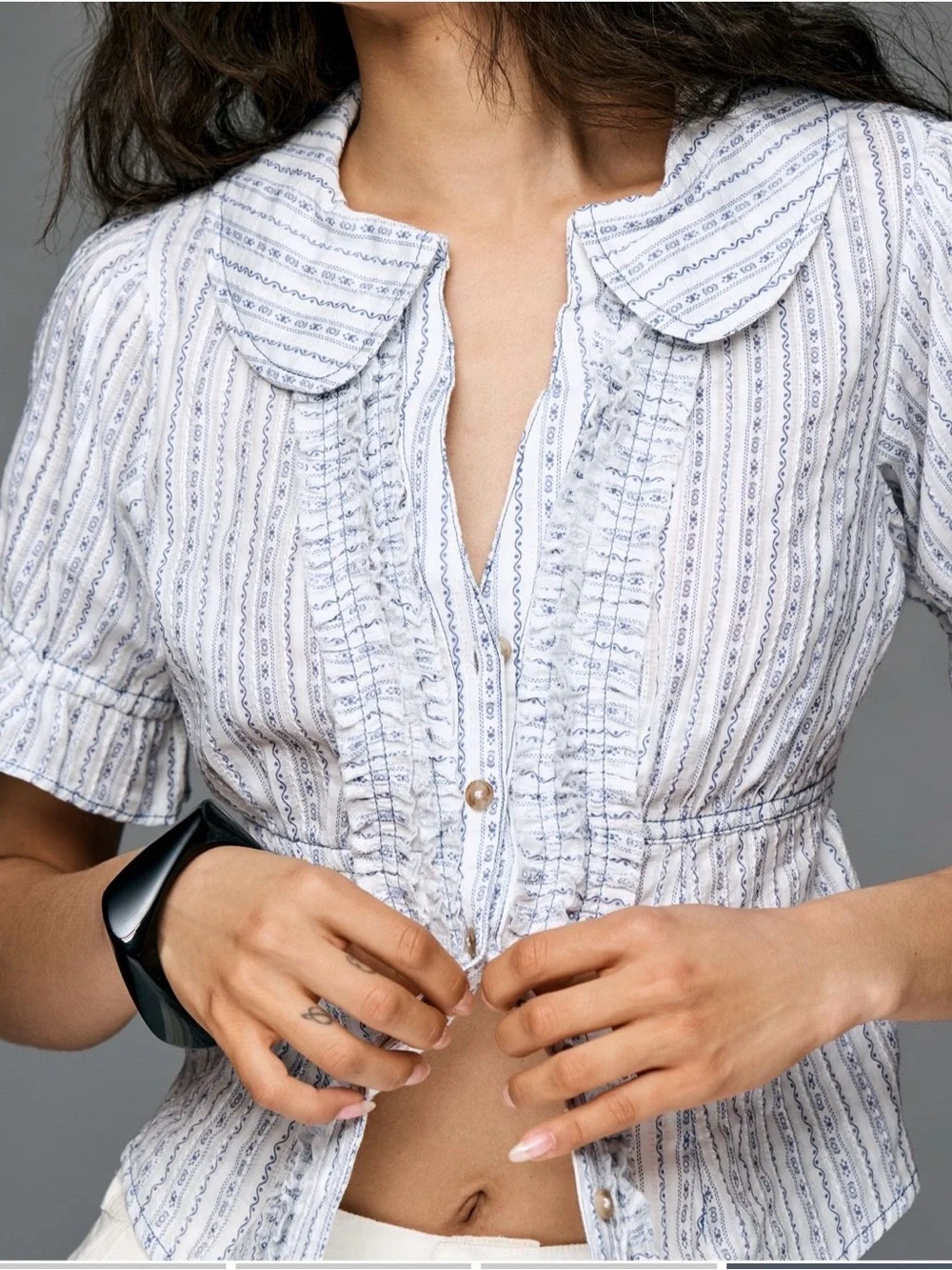 Anthropologie Pale Blue Floral Smocked Button Blouse
